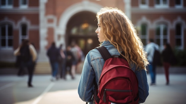 Female student with a backpack walks down the campus hallway back viewcreated with generative ai technology