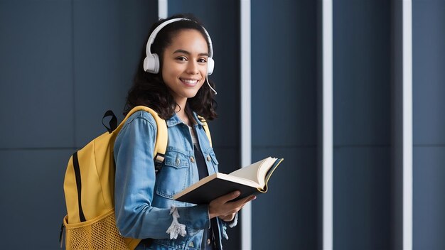 Female student with yellow backpack and headphones standing with book high quality photo