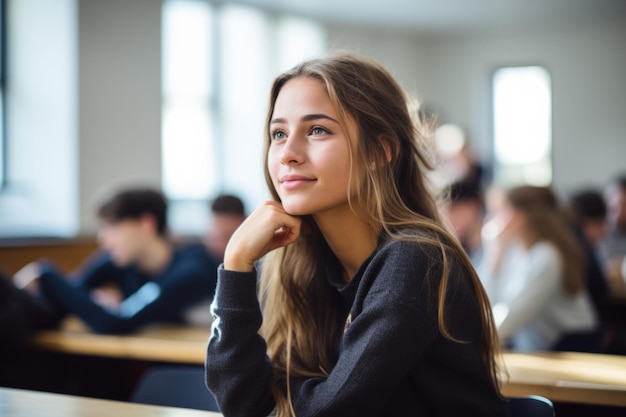 Студентка молодая женщина девушка за столом сидит в классе университет средняя школа колледж класс