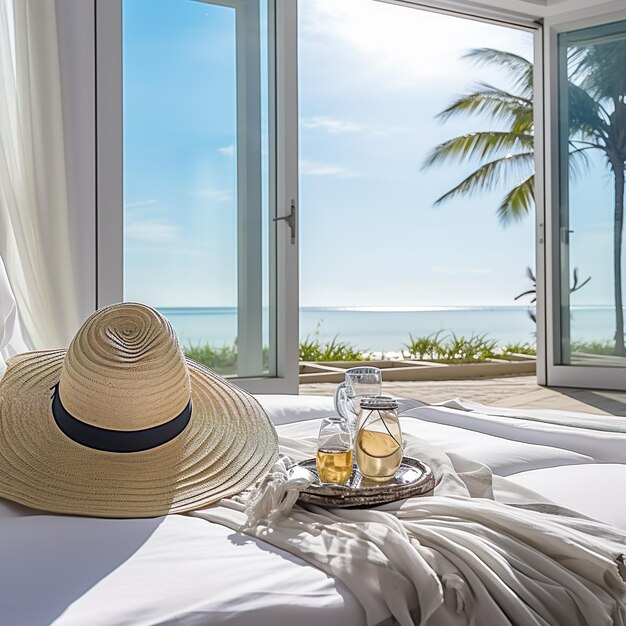 A female sun hat on a bed on the beach