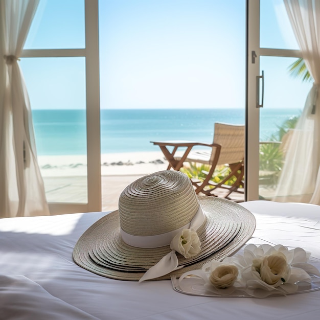 Женская солнечная шляпа на кровати на пляже
