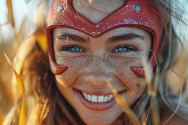 Photo a female superhero causing laughter with her antics