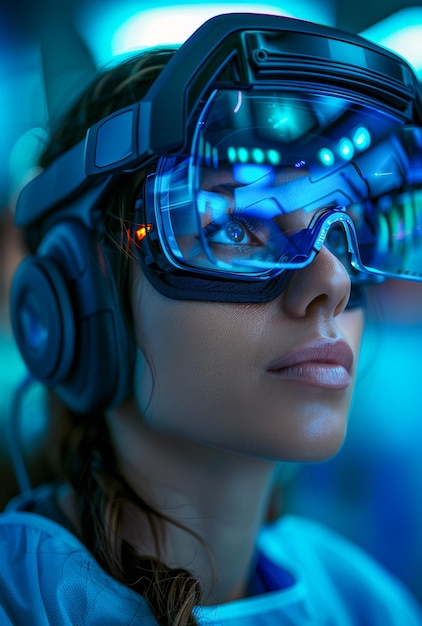 Female surgeon is wearing augmented reality glasses and headphones in hospital operating room