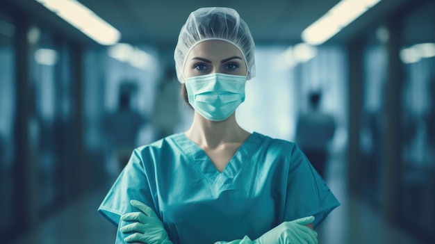 Female surgeon in mask standing in operating room with crossing hands ready to work on patient