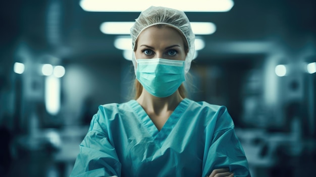 Female surgeon in mask standing in operating room with crossing hands ready to work on patient