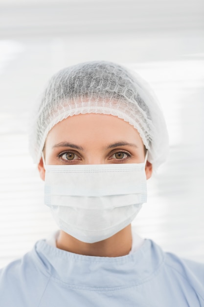 Female surgeon wearing surgical cap and mask