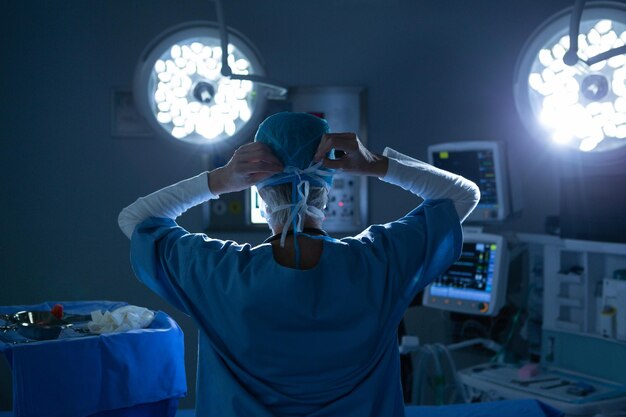 female surgeon wearing surgical mask in operating room of hospital