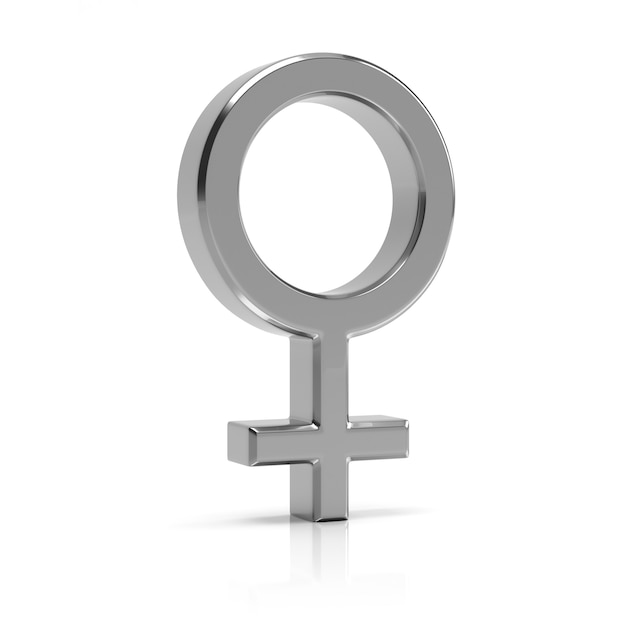 Female symbol 3d render. Silver female symbol isolated on white background.