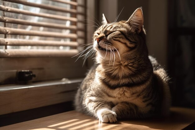 Female Tabby Cat near Window yawning Generative AI