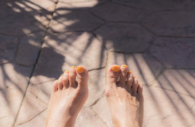 Female tanned legs on a sun lounger in clear weather Tan the shadow of the branches of a palm tree girl sunbathing on vacation