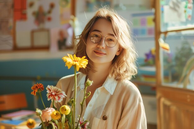 Foto insegnante con gli occhiali con i fiori in una classe scolastica giorno degli insegnanti