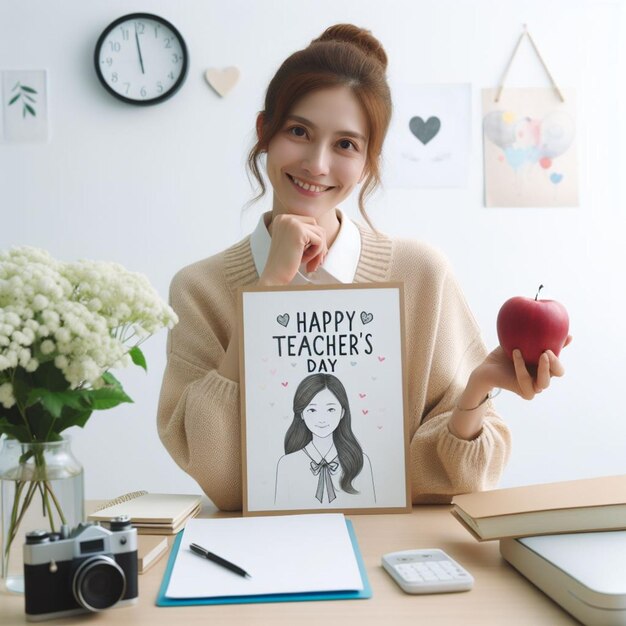 A female teacher holding Happy teachers day frame in classroom