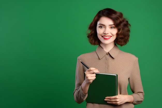 Female Teacher Holding Notepad against Green Backdrop