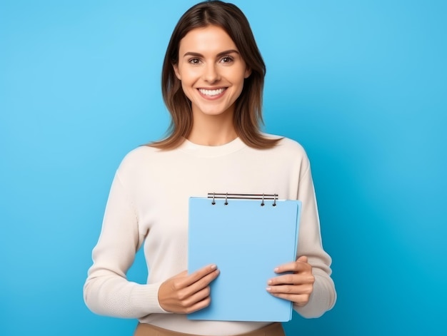 Female teacher holding notepad on blue wall