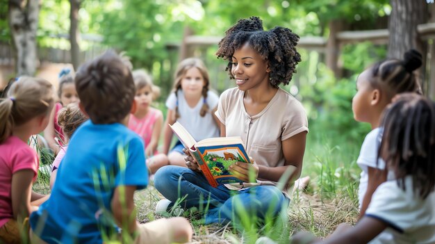 Photo a female teacher is reading a book to a group of children in the park the children are sitting on the grass and listening attentively