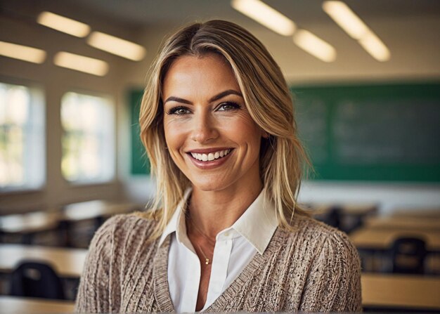 Photo female teacher smiling with classroom bokeh background