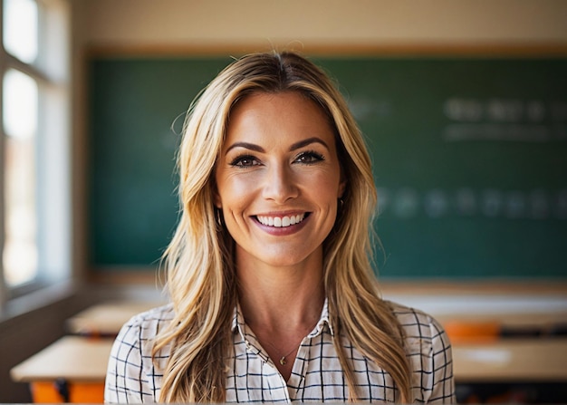 Photo female teacher smiling with classroom bokeh background