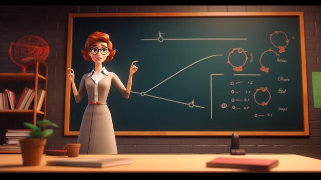 A female teacher standing in front of blackboard