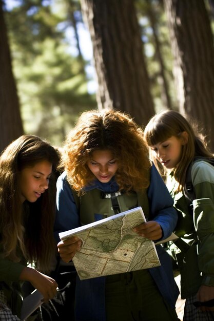 Photo female teacher and teenage outdoor school students using compass