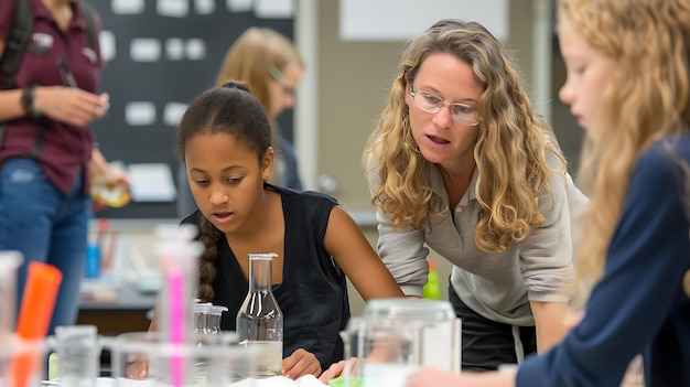 A female teacher wearing glasses is helping a student with a science experiment in a classroom