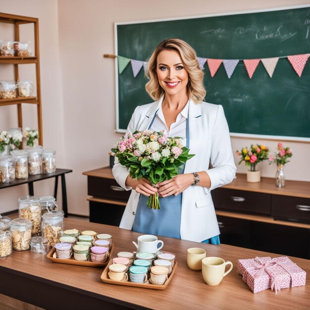 Female teacher with a bouquet of tea bags decorated