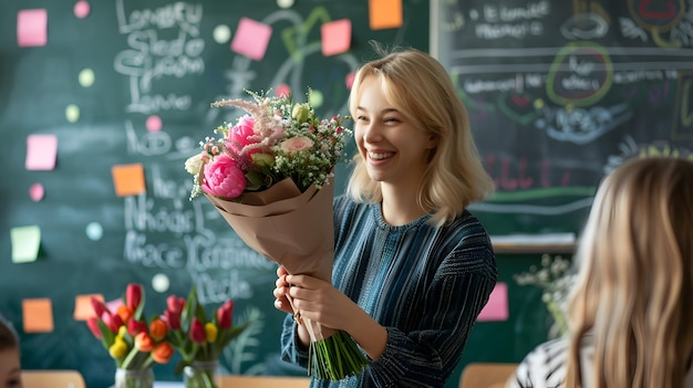 Photo female teacher with flowers in class room and celebrate teacher day with students