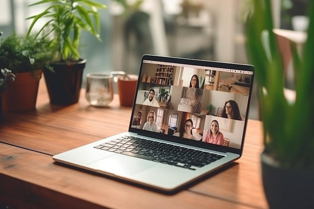 Photo female team lead chatting with coworkers on online meeting using videocall software and laptop