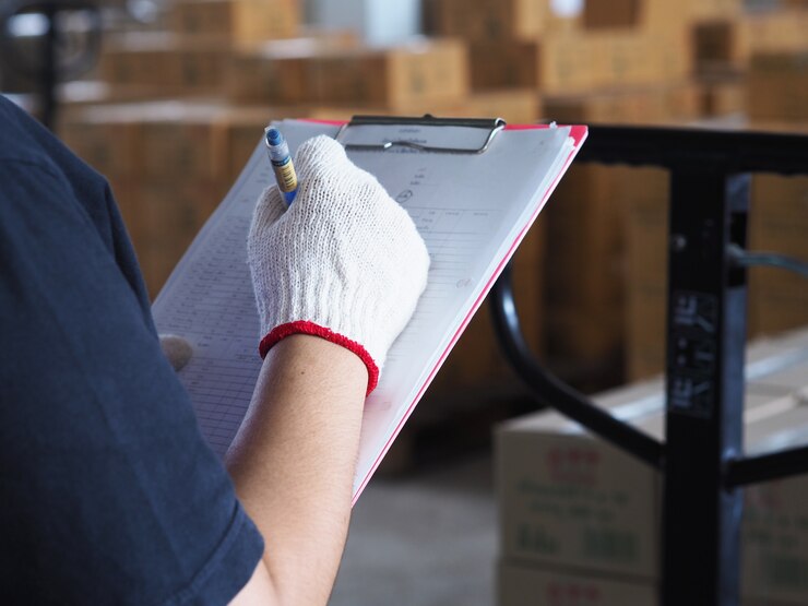 Female technician check manual forklift pallet with box in a large warehouse 