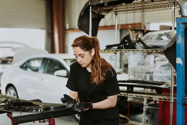 Tecnico femminile che ripara le parti dell'auto in un garage