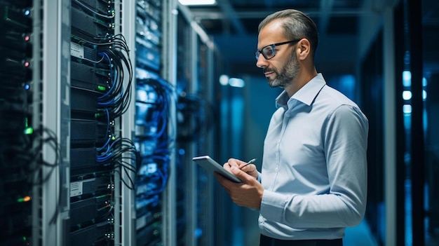 female technician holding hard drive in server room