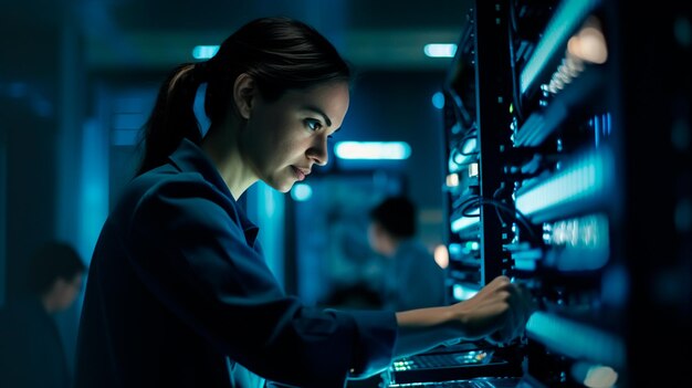 female technician working with server in data center Generative AI