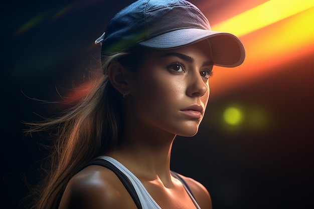female tennis player competing in tennis court on bokeh style background