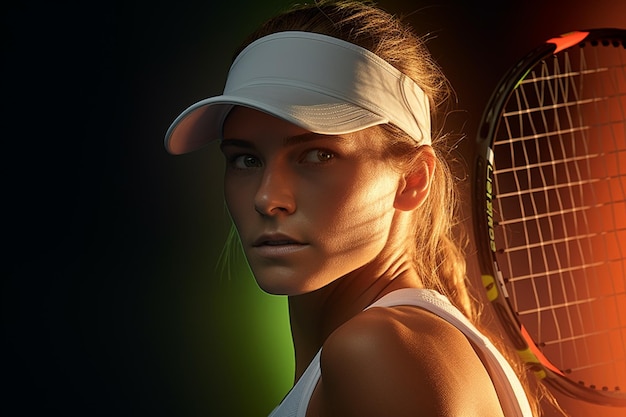 female tennis player competing in tennis court on bokeh style background