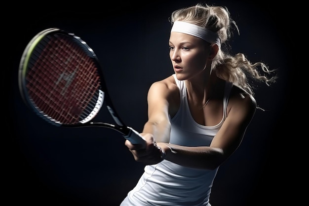 여자 테니스 선수가 테니스 공을 치려고 합니다.