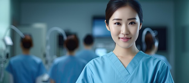 Female Thai surgeon in blue uniform with stethoscope standing smartly in operating room smiling at the camera with a friendly demeanor with copy space ava