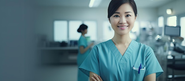 Female Thai surgeon in blue uniform with stethoscope standing smartly in operating room smiling at the camera with a friendly demeanor with copy space ava