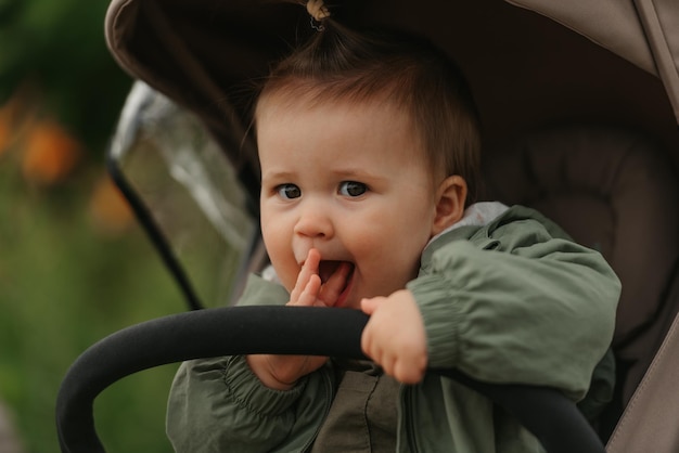 A female toddler is sitting in the stroller on a cloudy day