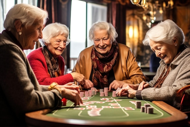 Female together senior game poker elderly retired old caucasian home Generative AI