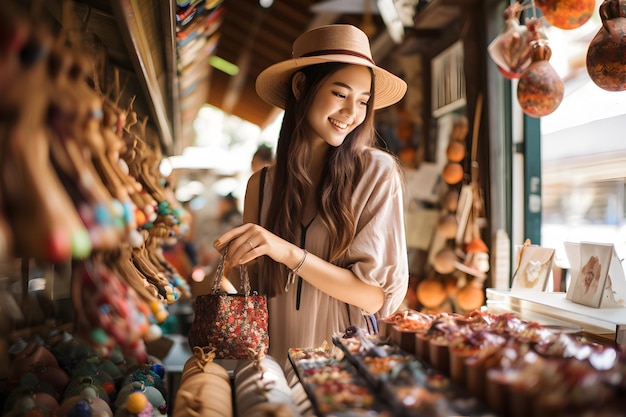 Female tourist buys souvenirs from a local shop Support local products economy Sustainable traveler