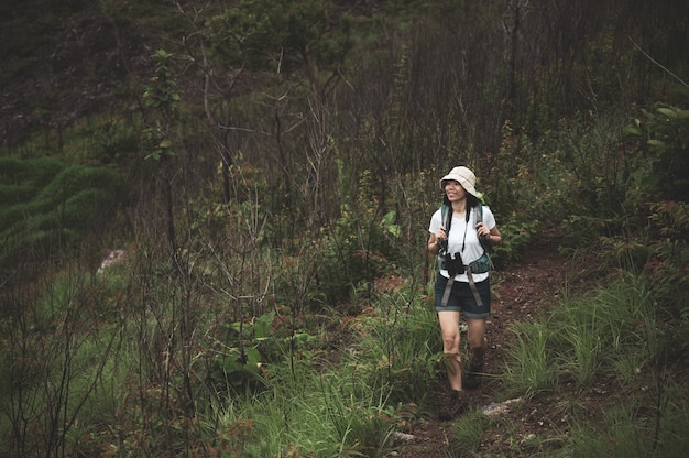 Female Tourist walking into the wood with backpack and binocular. Girl camper explore in the forest.