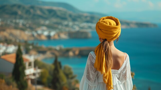 Photo a female tourist wearing a maroon turban travel and sightseeing spots