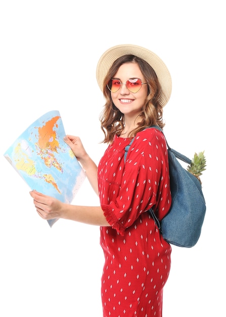 Photo female tourist with world map on white