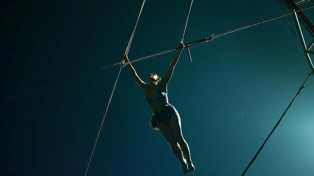 A female trapeze artist performing in a circus She is wearing a blue leotard and is suspended in the air by two ropes