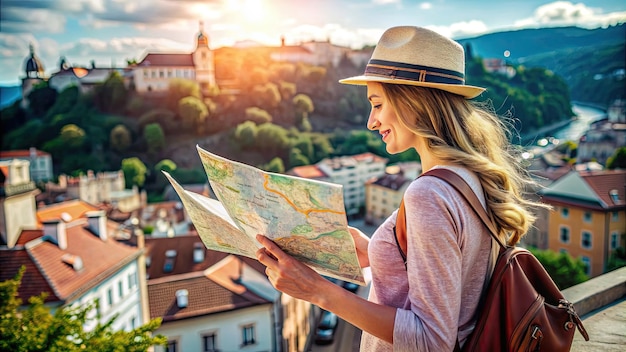 Photo female traveler exploring europe using a map