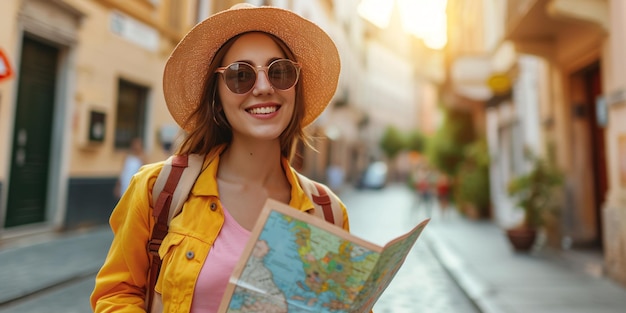 A female traveler exploring Europe with a map as her guide