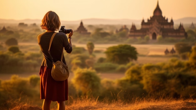 日の出時にミャンマー・アジアのバガンで寺院を撮影する女性旅行者