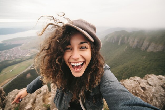 a female traveler selfie on the cliff and looking for the view