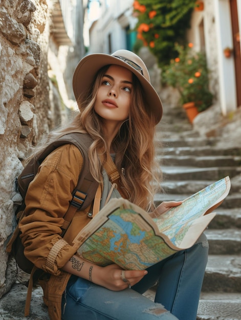 A female traveler with a map exploring Europe