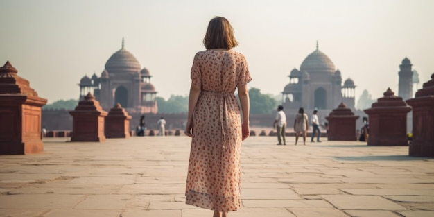 Female traveller roam alone womna summer casual dress summertime tour walking at Asia