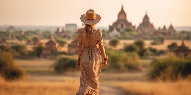 Женщина-путешественница бродит одна в летнем повседневном платье, летний тур, прогулка по Азии